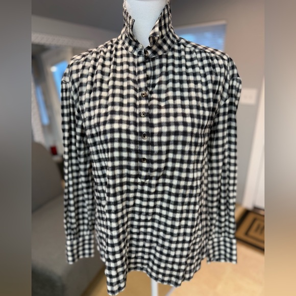 FAHERTY Olli Top - Moonlit Gingham S Black & Cream Checked Half Button Blouse - Picture 2 of 12